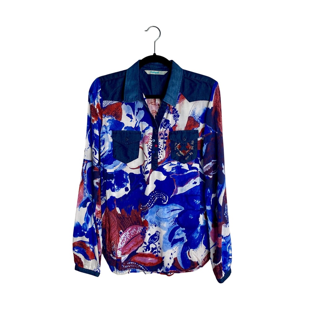 Desigual Abstract Floral Denim Yoke Blouse Boho Whimsigoth Cottagecore Sz L